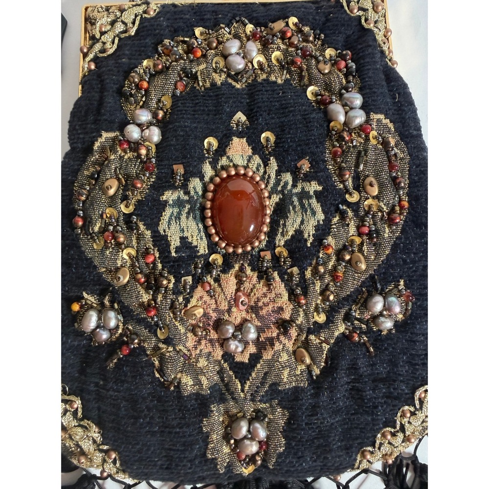 Mary Frances Vintage Beaded Tassel Evening Bag Black Pearl Embellished Kiss Lock - Picture 2 of 16